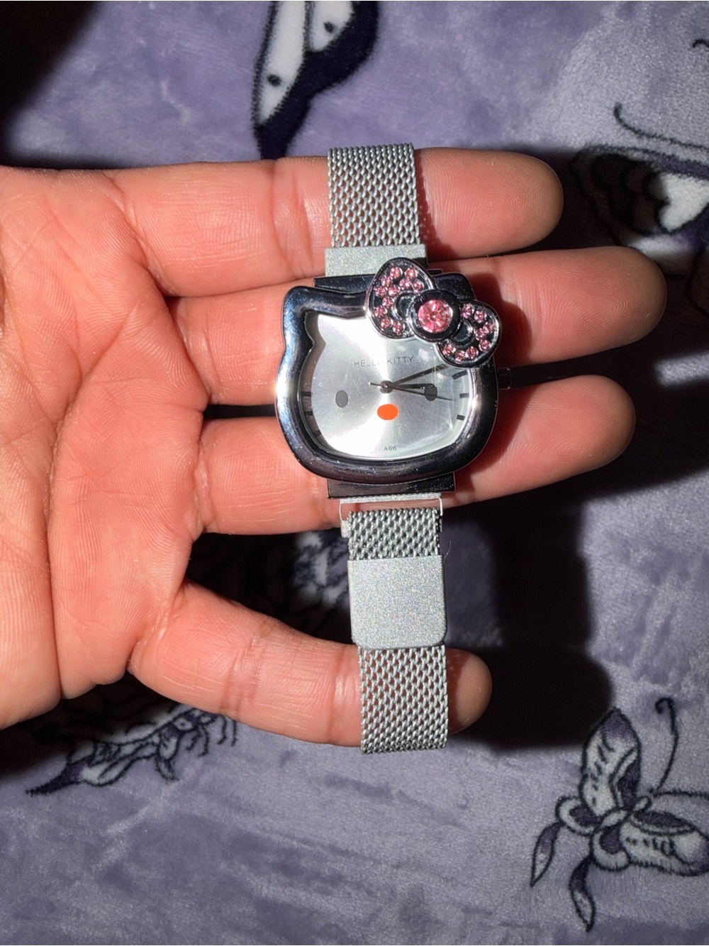 Y2K Hello Kitty Rhinestone Mesh Watch Silver Pink Bling Retro